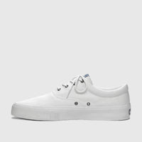 Men's Sebago AL 75131SW 911 white canvas sneaker with white laces and dark eyelets, displayed in a clean side profile.