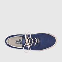 Men's Sebago Sneaker in blue navy canvas with cream laces, shown from a top-down view on a white background.