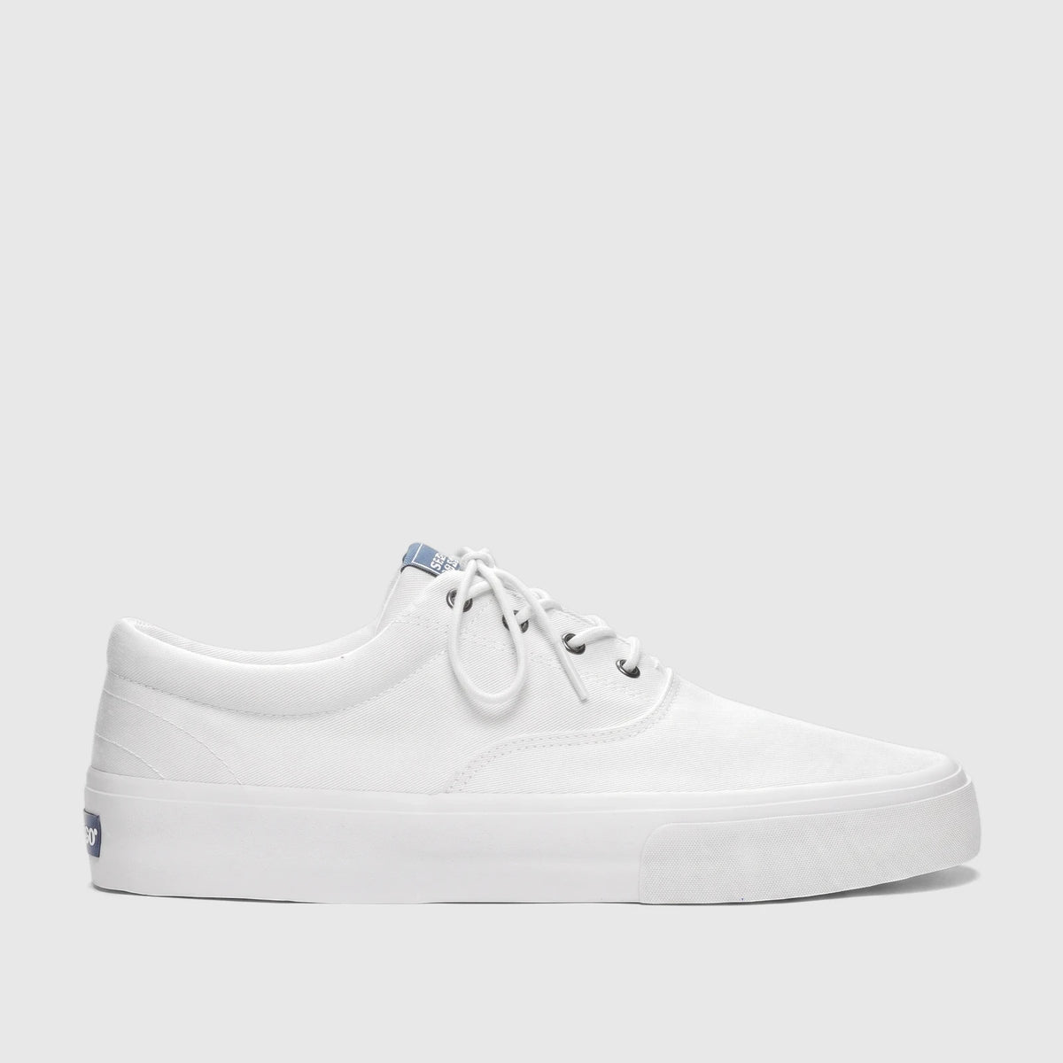 White canvas men's Sebago sneaker, style AL 75131SW 911, with white laces and a thick white sole, shown from a side view.