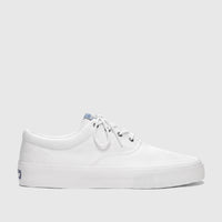 White canvas men's Sebago sneaker, style AL 75131SW 911, with white laces and a thick white sole, shown from a side view.