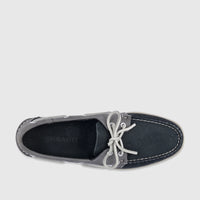 Men's Sebago Portland Spinnaker nubuck boat shoe in navy and grey, featuring white laces, overhead flat lay.
