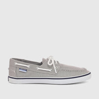 A single grey canvas Sebago Unisex Boat Shoe with white laces, a white sole, and a navy stripe, shown in a side profile view.