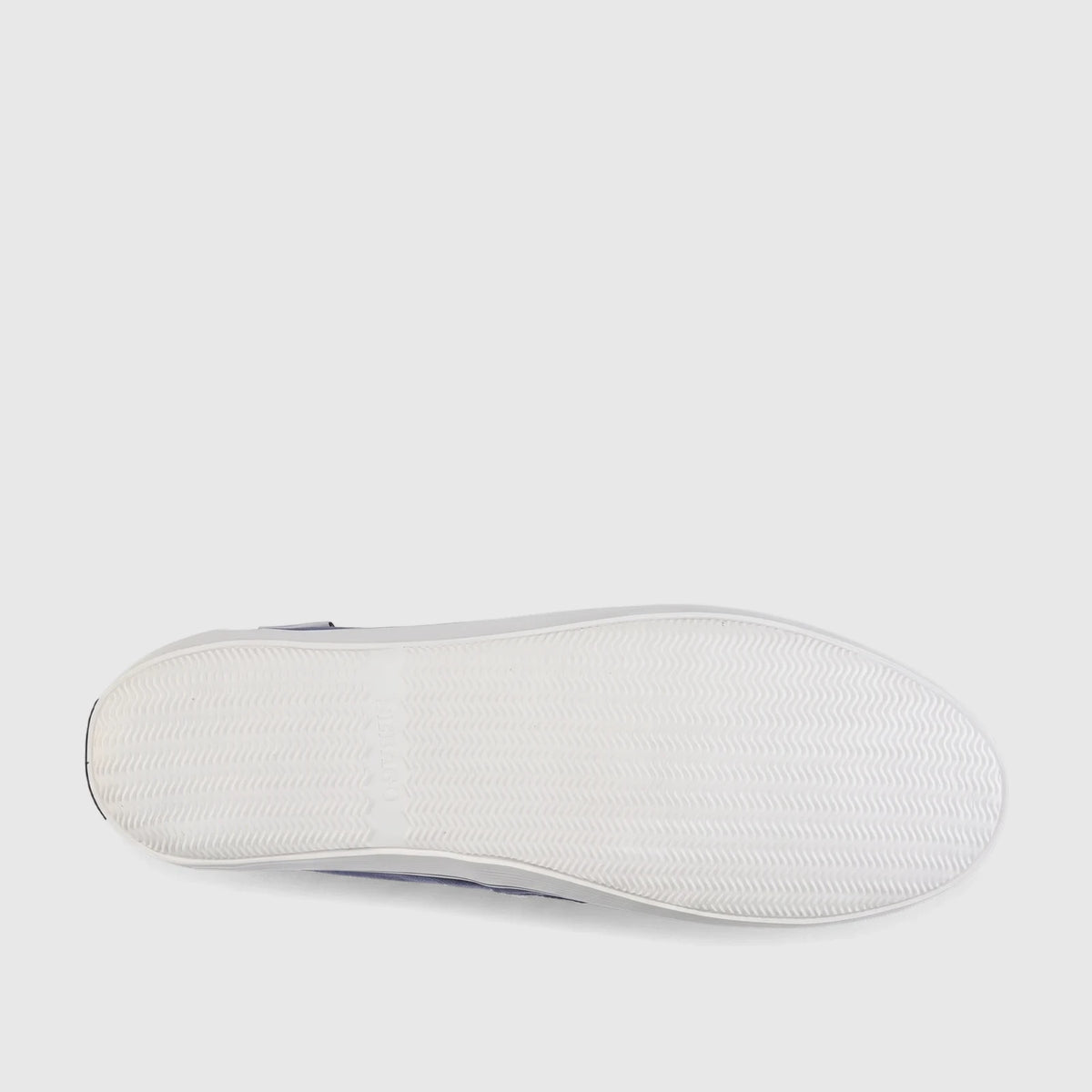 Bottom view of a blue Sebago Unisex Boat Shoe Pascal, showcasing its white rubber sole with a wavy grip pattern and brand