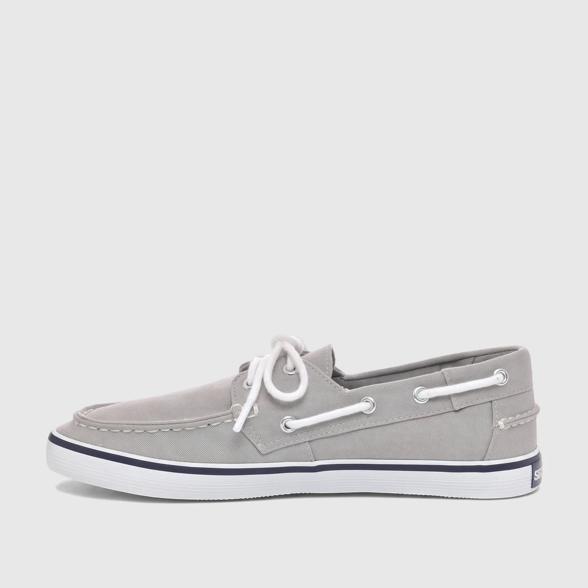Grey canvas Sebago unisex boat shoe with white laces and a navy stripe on the sole, shown in a side profile view.