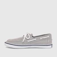 Grey canvas Sebago unisex boat shoe with white laces and a navy stripe on the sole, shown in a side profile view.