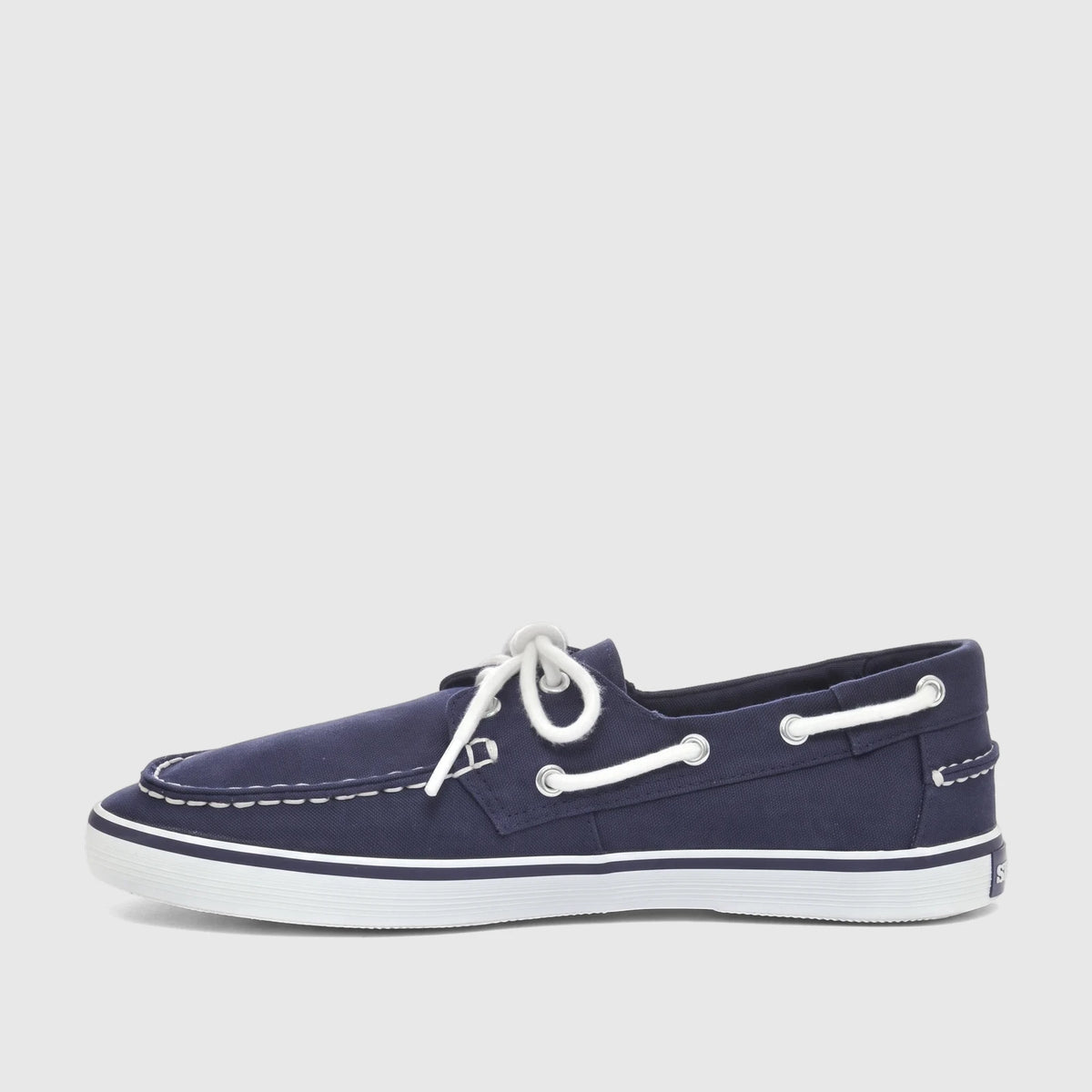 A single Sebago Unisex Pascal boat shoe in navy blue canvas, featuring white laces and a white rubber sole, viewed from the