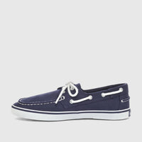 A single Sebago Unisex Pascal boat shoe in navy blue canvas, featuring white laces and a white rubber sole, viewed from the