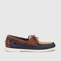 Sebago Women Portland Archive A53 boat shoe in navy, brown, and tan leather, presented in a side profile. Features classic