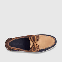 Sebago Women's Portland Archive A53 boat shoe in navy, brown, and tan leather, shown from an overhead view.