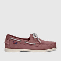 Sebago Women's Portland Nubuck boat shoe in antique pink, featuring a white sole and light grey laces, captured in a side