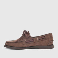 Brown nubuck women's Sebago Portland boat shoe, presented in a profile view with laces tied. Features a classic deck shoe