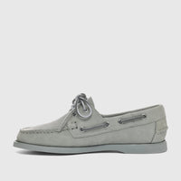 A single mid-grey nubuck Sebago Women Portland boat shoe with laces and a flat sole, presented in a side view.