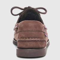 Sebago Women's Portland Nubuck boat shoe in taupe beige, shown from the back with visible lacing.