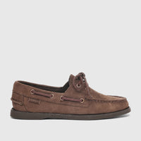 Side view of a single Sebago Women Portland Nubuck 74121SW AHQ Total Beige Taupe SD5 boat shoe. The brown nubuck shoe