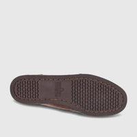 Bottom view of a Sebago Women Portland Nubuck shoe in taupe, featuring a dark brown rubber sole with a wavy traction pattern.