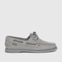 Sebago Women's Portland Docksides boat shoe in Total Mid Grey nubuck leather, featuring leather laces, in a side profile.