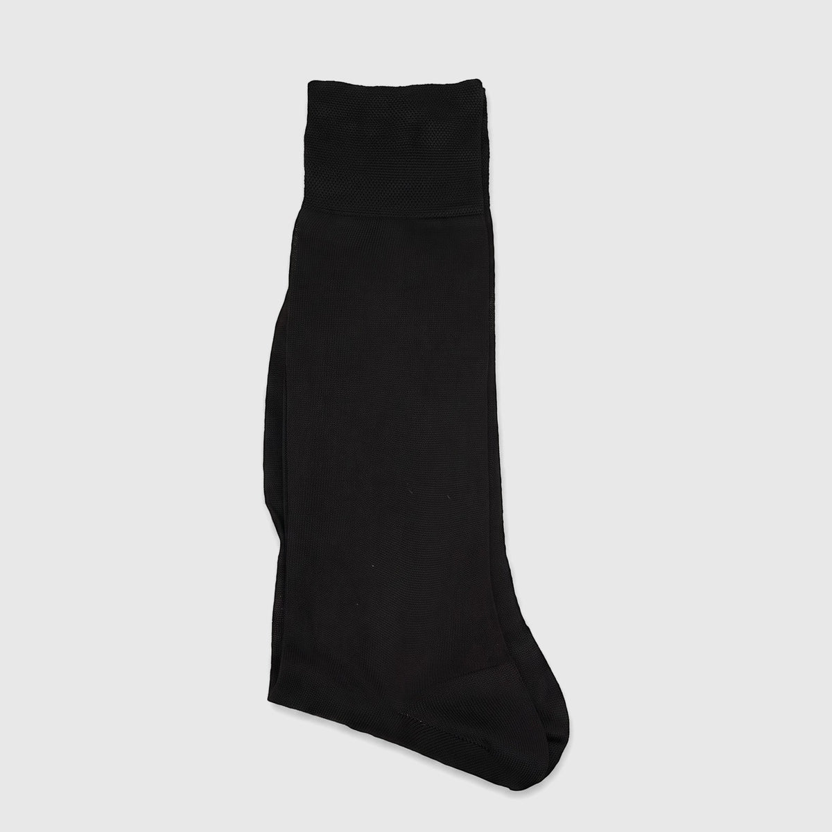A single black Men's Rayon Floss Sock, folded and laid flat, showcasing its smooth texture and ribbed cuff.