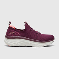 Skechers D'Lux Walker 149356 plum ladies' comfort slip-on sneaker, shown from a side profile.