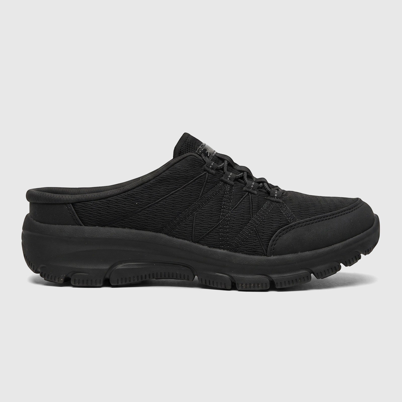Black Skechers Ladies Comfort Easy Going open-back mesh athletic shoe, designed for comfort, shown in a side profile view.