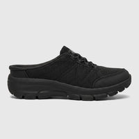 Black Skechers Ladies Comfort Easy Going open-back mesh athletic shoe, designed for comfort, shown in a side profile view.