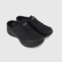 A pair of black Skechers Ladies Comfort Open Back Easy Going 100860 slip-on shoes with mesh uppers, viewed from a slightly