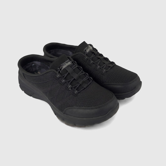 Black Skechers Ladies Comfort Easy Going open-back mesh athletic shoe, designed for comfort, shown in a side profile view.
