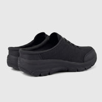 Black Skechers Ladies Comfort Open Back Easy Going slip-on shoes, designed for comfort, shown from a rear-side view.
