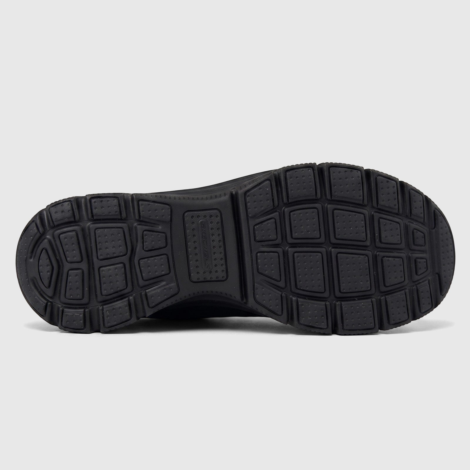Underside view of a black Skechers Ladies Comfort Open Back Easy Going shoe, showcasing the rubber sole with a detailed