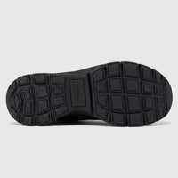 Underside view of a black Skechers Ladies Comfort Open Back Easy Going shoe, showcasing the rubber sole with a detailed