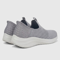 Pair of light grey Skechers Ladies Comfort Slip Ins Ultra Flex 3.0 sneakers, shown from a rear-side view.