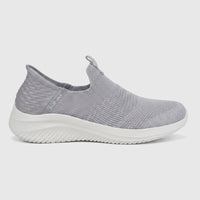 Side view of a Skechers Ladies Comfort Slip Ins Sneaker Ultra Flex 3.0 in light grey knit mesh with a white sole.
