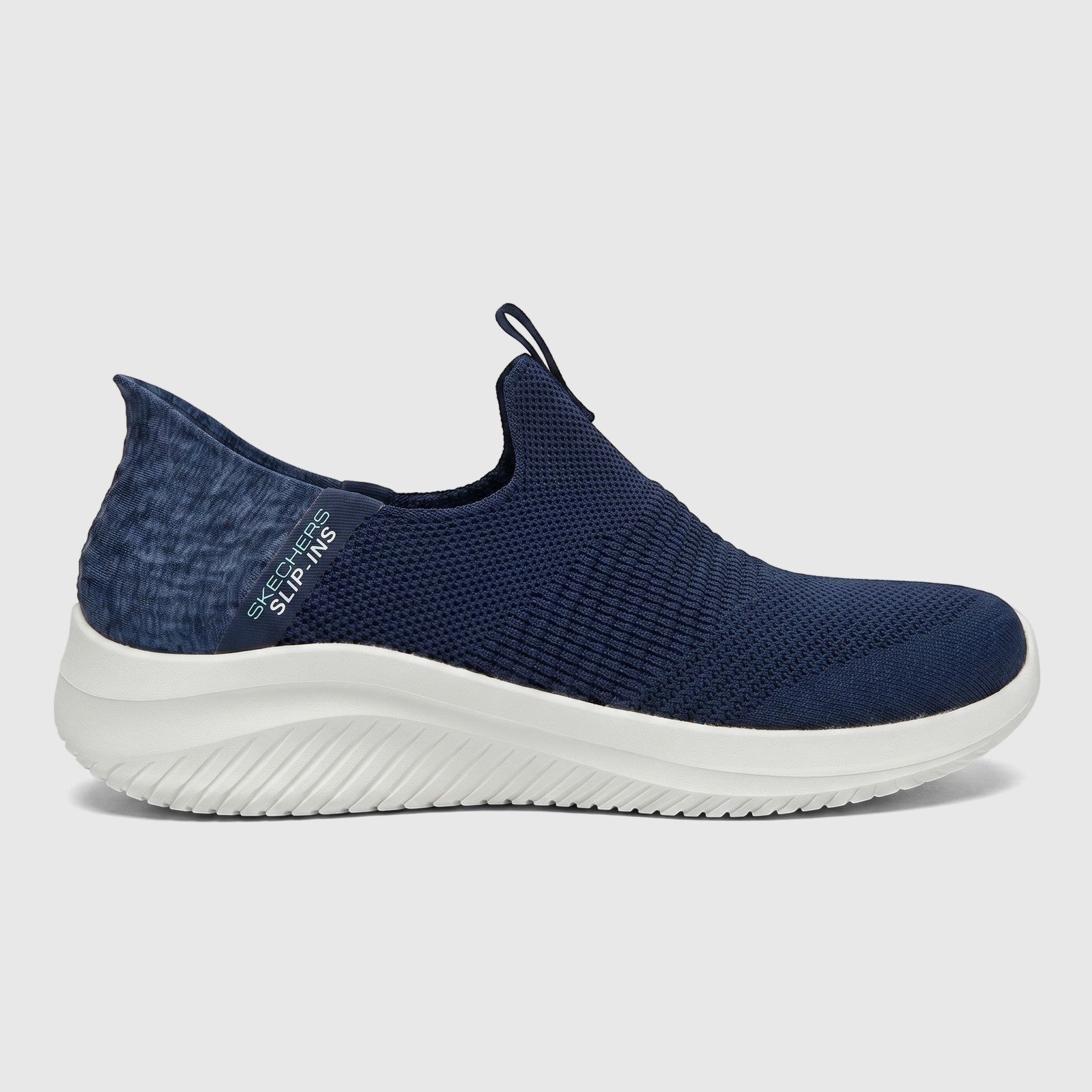 Skechers Ladies Comfort Slip Ins Sneaker Ultra Flex 3.0 149709 in navy, side view, with a knitted upper and white sole.