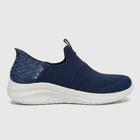 Skechers Ladies Comfort Slip Ins Sneaker Ultra Flex 3.0 149709 in navy, side view, with a knitted upper and white sole.