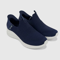 A pair of Skechers Ladies Comfort Slip Ins Sneaker Ultra Flex 3.0 149709 in navy blue with a knit upper and white sole,