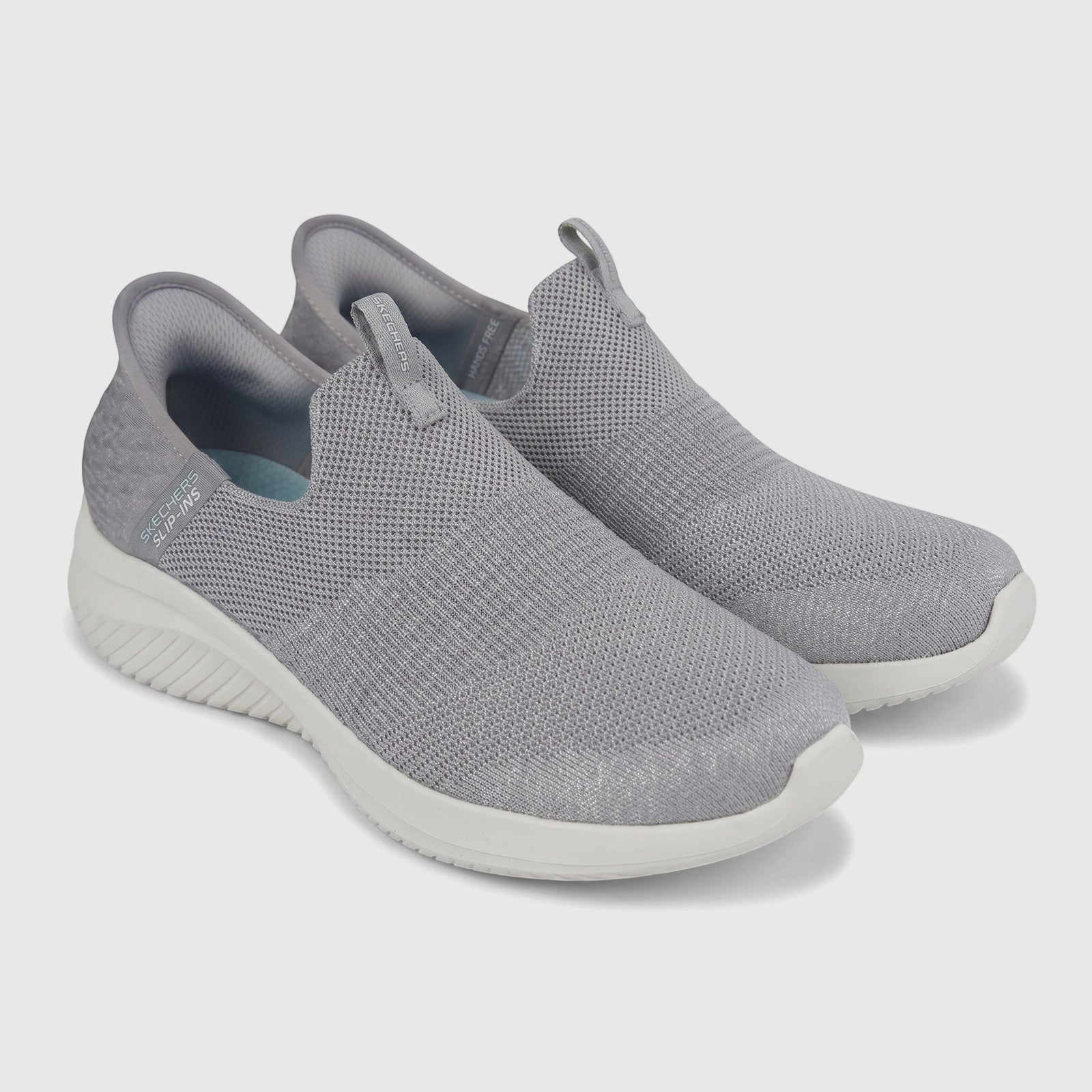 Two Skechers Ladies Comfort Slip Ins Sneaker Ultra Flex 3.0 in light grey, featuring knit mesh uppers and white soles,