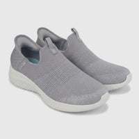 Two Skechers Ladies Comfort Slip Ins Sneaker Ultra Flex 3.0 in light grey, featuring knit mesh uppers and white soles,