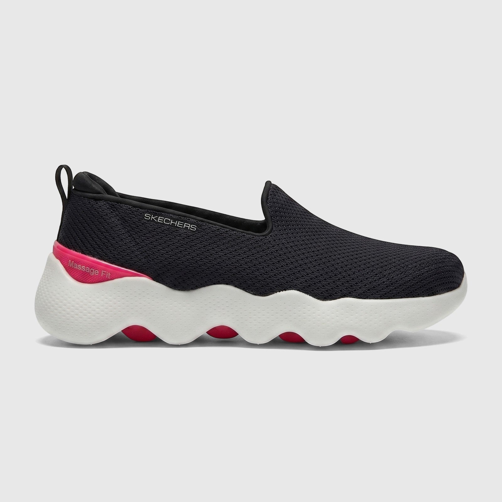 Skechers Ladies Comfort Slip On Sneaker Go Walk Massage Fit in black with a white wavy midsole and hot pink accents, side