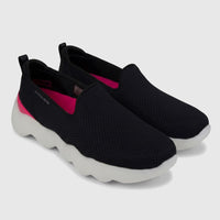 A pair of Skechers Ladies Comfort Slip On Sneakers Go Walk Massage Fit 124908 in black mesh with hot pink accents, shown