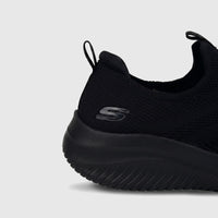 Close-up side view of a black Skechers Ladies Comfort Slip On Sneaker Ultra Flex 3.0, showing the knit upper and Skechers