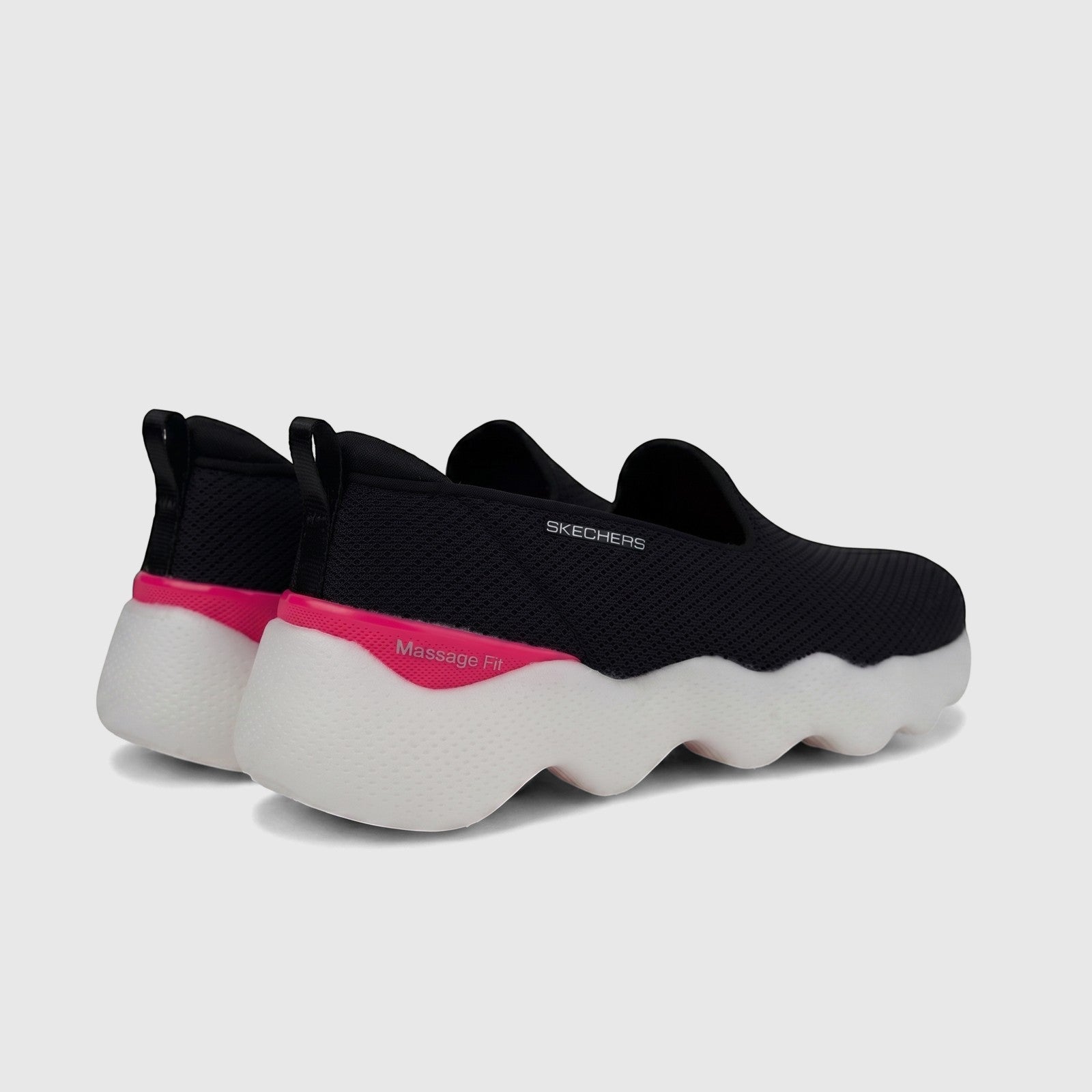 Skechers Ladies Comfort Slip On Sneaker Go Walk Massage Fit 124908 in black and hot pink, featuring a white wavy sole.