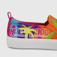 Skechers Ladies Comfort Slip On Sneaker Poppy with vibrant 'Hollywood' print and tropical pattern on the side.