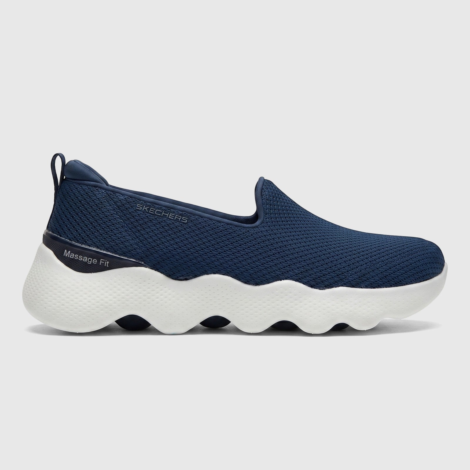Skechers Ladies Comfort Slip On Sneaker Go Walk Massage Fit 124908 in navy blue mesh with a distinct white wavy sole, viewed