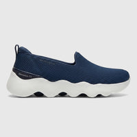 Skechers Ladies Comfort Slip On Sneaker Go Walk Massage Fit 124908 in navy blue mesh with a distinct white wavy sole, viewed