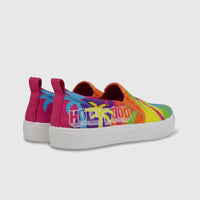 Skechers Ladies Comfort Slip On Sneaker Poppy 177997, multi-color with Hollywood graphics, shown in a rear-side view.