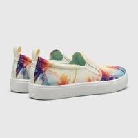 Pair of Skechers Ladies Comfort Slip On Sneakers, Poppy 177996 Multi SW143, featuring a vibrant palm tree print canvas upper