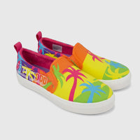 A pair of colorful Skechers Ladies Comfort Slip On Sneakers with a Hollywood text and palm tree pattern.
