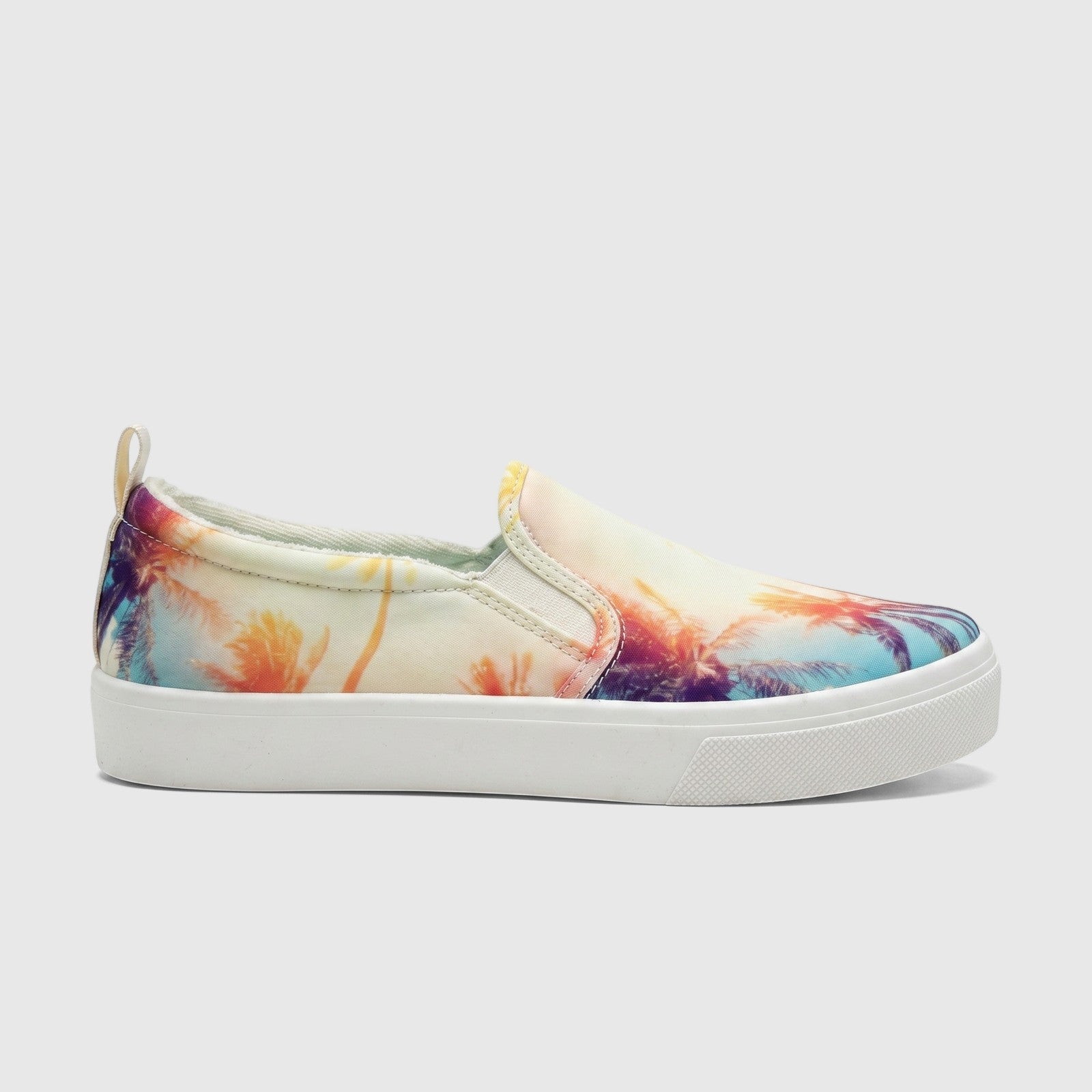 Skechers Ladies Comfort Slip On Sneaker Poppy 177996 Multi, featuring a vibrant palm tree print and a white platform sole,