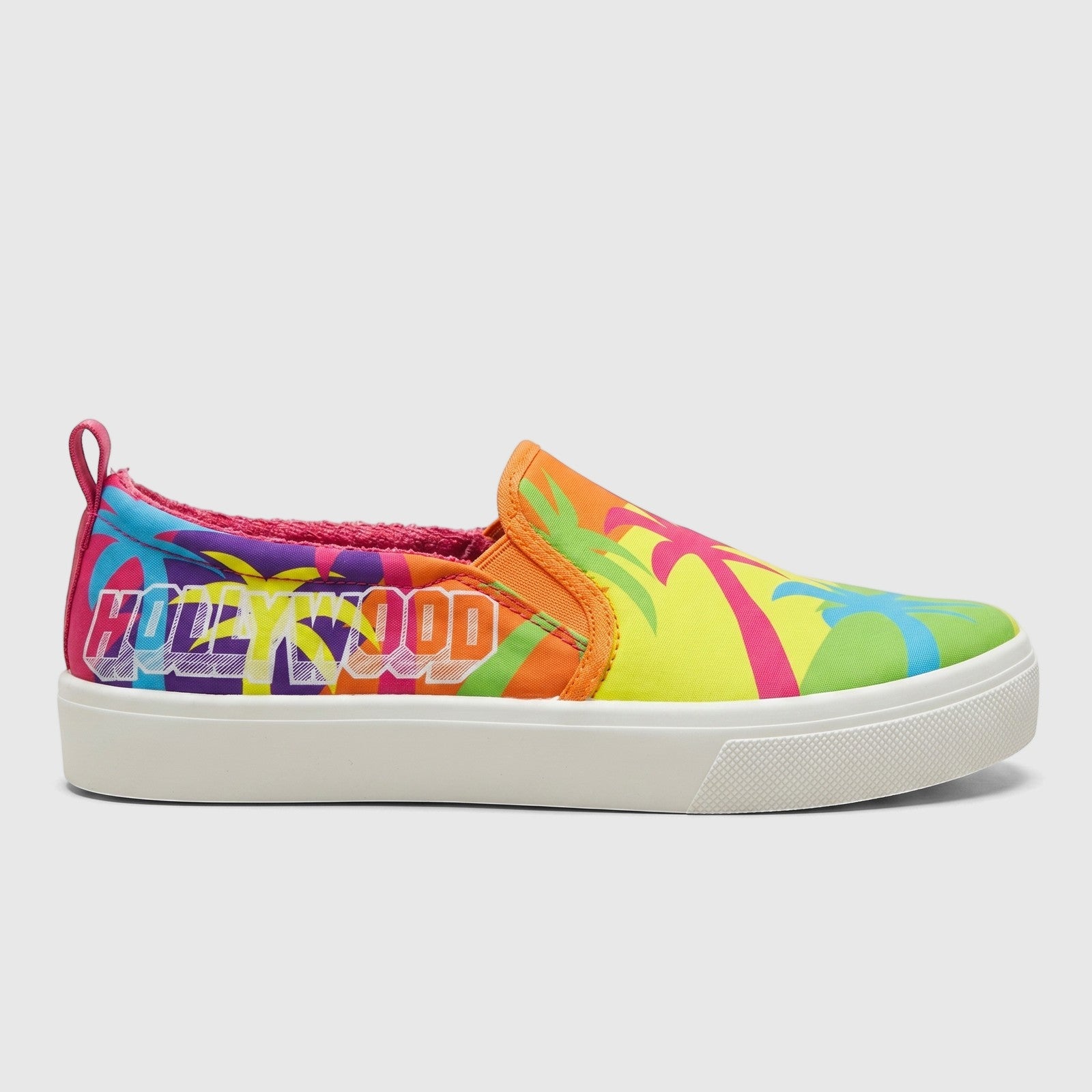 Skechers Ladies Comfort Slip On Sneaker Poppy 177997, multi-colored with Hollywood print and palm trees, white sole, side