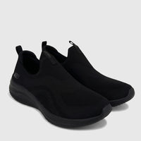 Black Skechers Ladies Comfort Slip On Sneakers, Ultra Flex 3.0 model, featuring a breathable knit upper and cushioned sole,