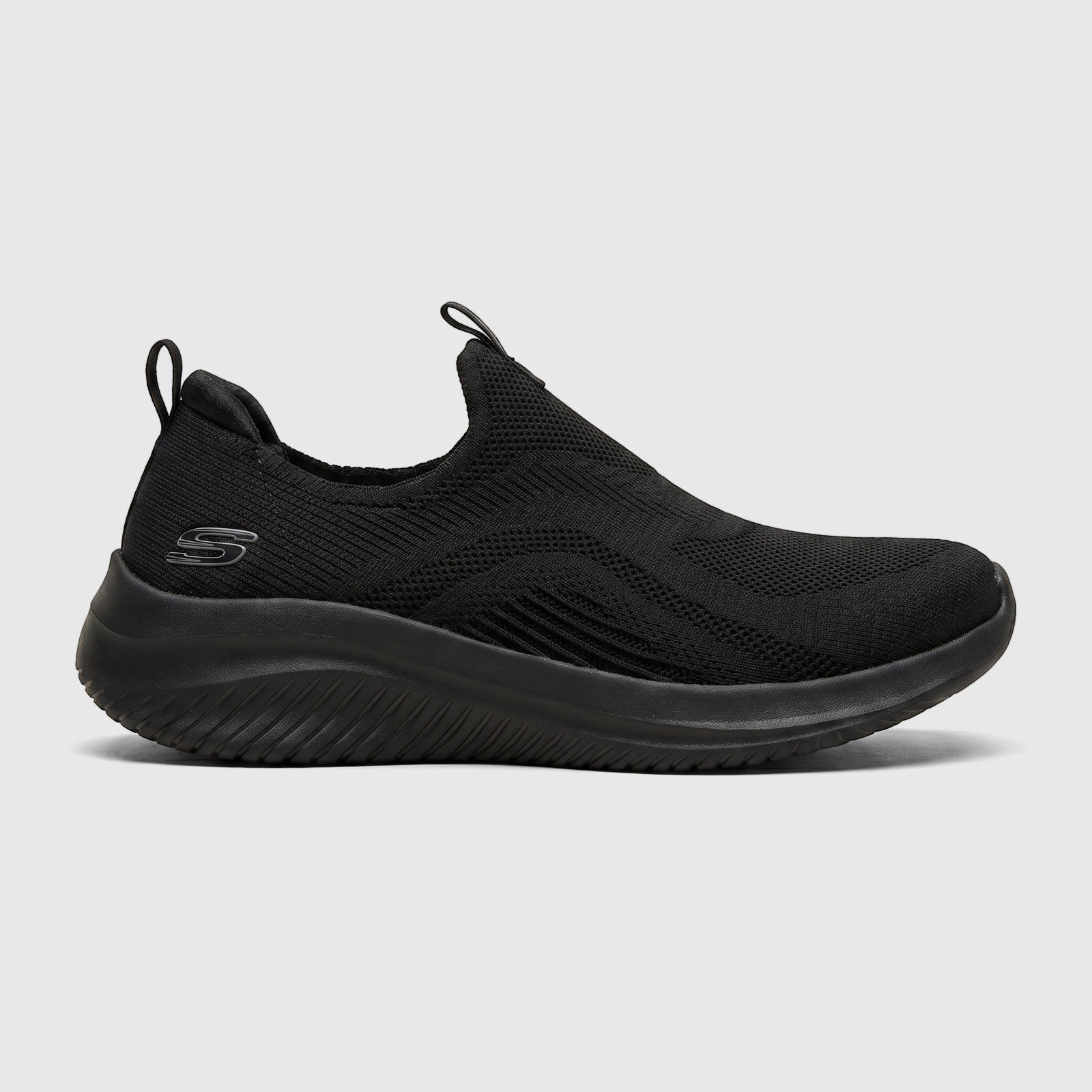 Black Skechers Ultra Flex 3.0 women's comfort slip-on sneaker, made with a knitted upper and sculpted sole.